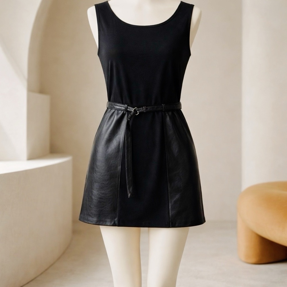 bebe Black Sleeveless Faux Leather Trim Mini Dress